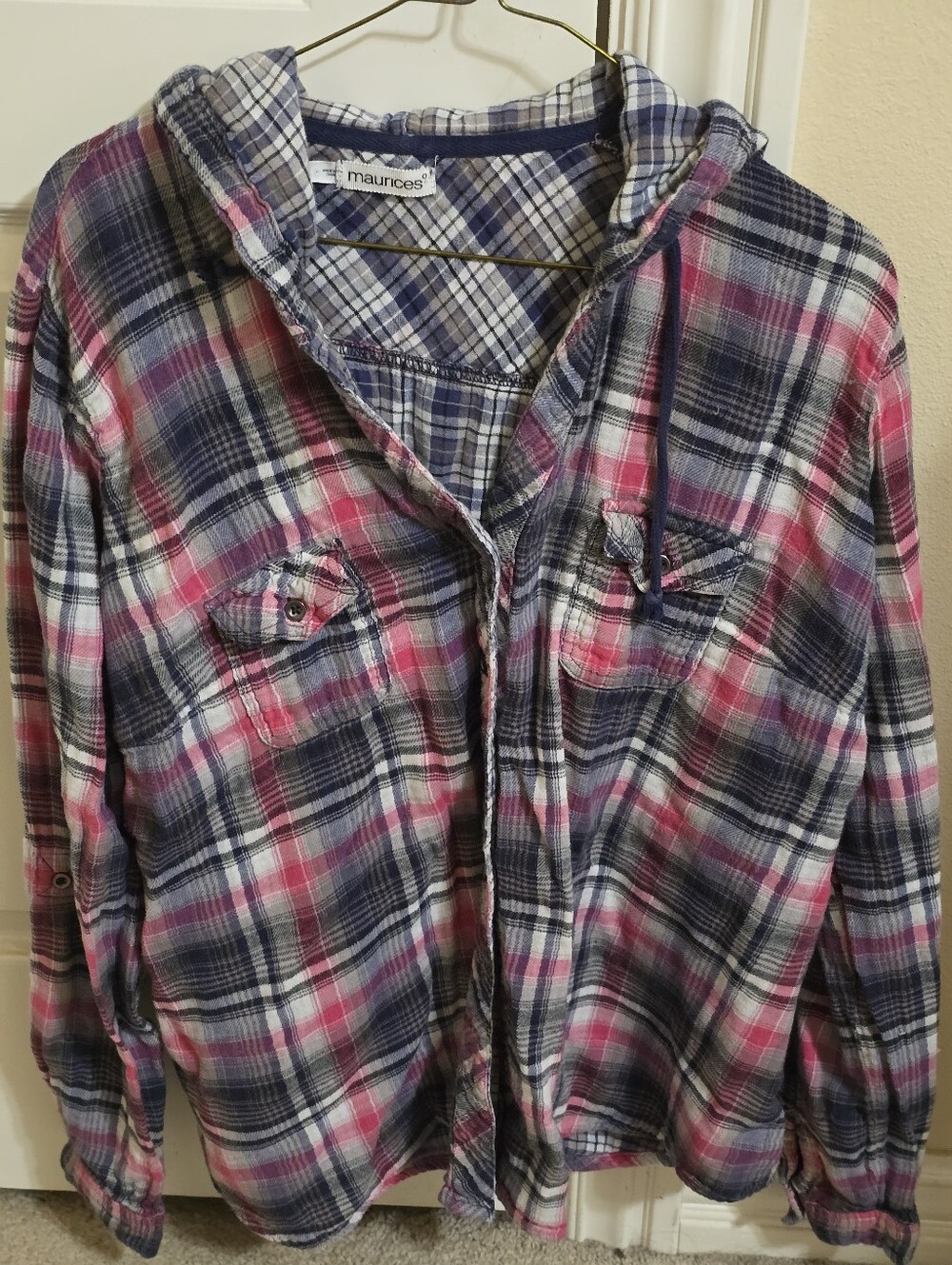 Maurices Pink, Navy & White Plaid Hooded Shirt